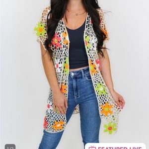 BIBI medium crocheted, flower, beige cardigan, orange, pink and  green flowers